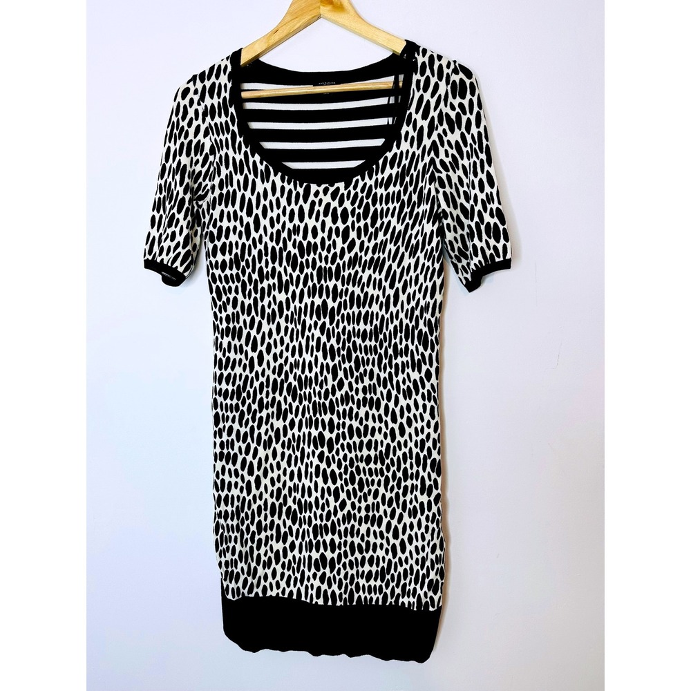 Ann Taylor Black White Animal Print Striped Knit Dress Size S Short Sleeve